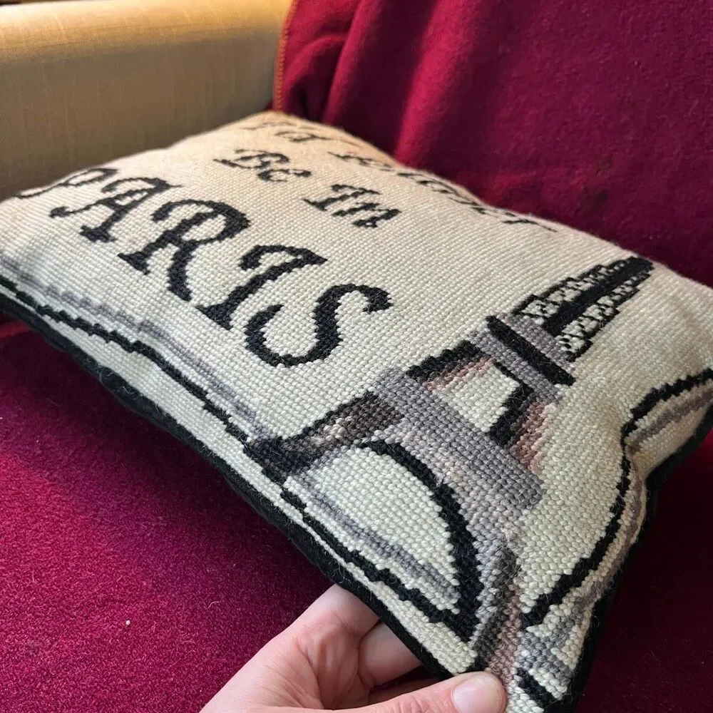 VTG Paris Needlepoint Pillow Eiffel Tower Velvet Back French Cottage Decor